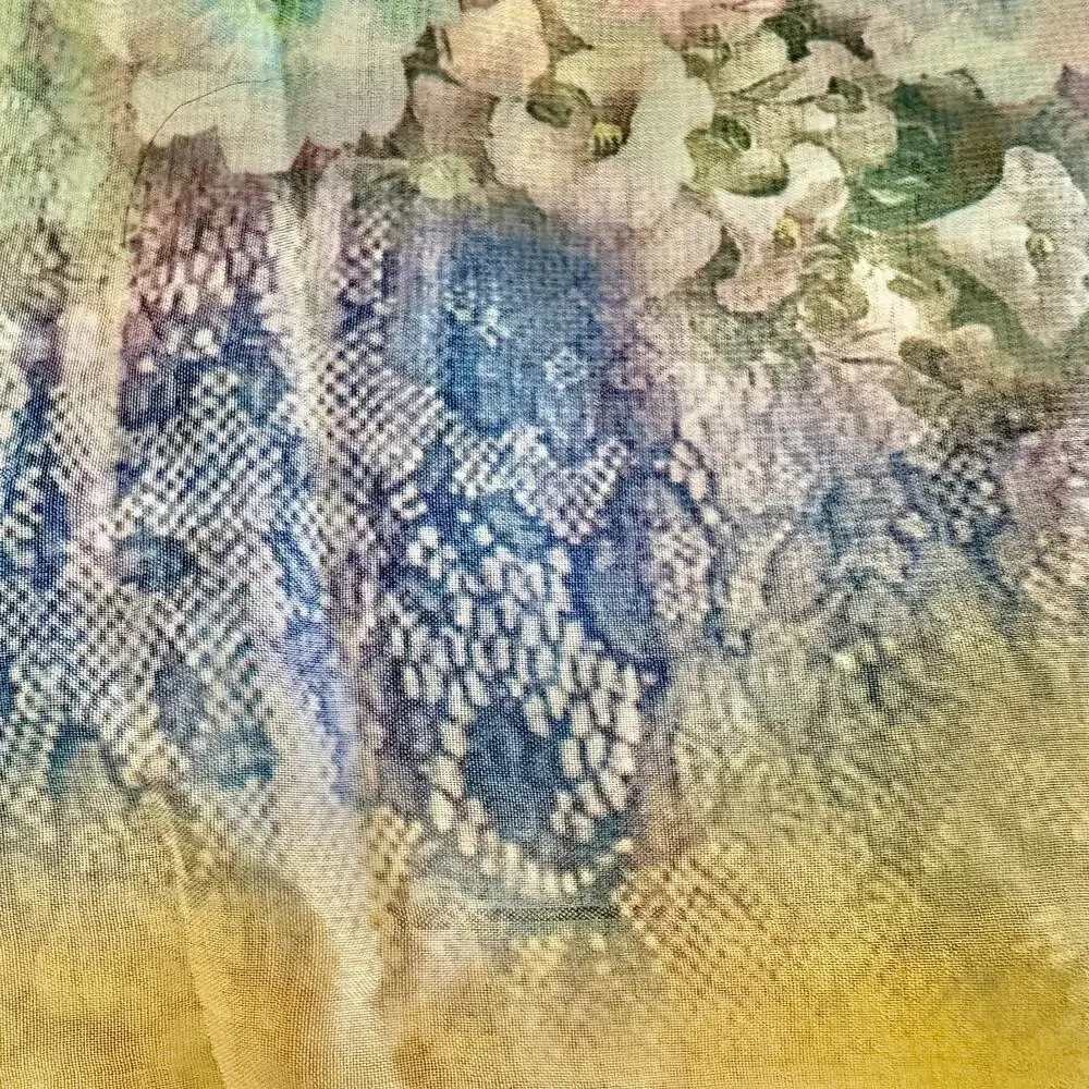 Impressionist Floral  !00% Silk Large Scarf Wrap Shawl Yellow Cottage  56 x 54